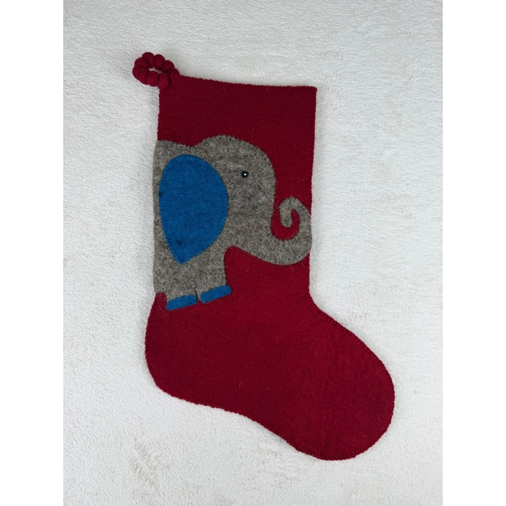 Arcadia Home Red Felt Christmas Stocking Elephant Applique Holiday Decor‎